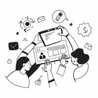 Business team collaborating on a customer engagement strategy concept as A illustration of a business team collaborating on a customer engagement strategy using laptops and Dynamic vector