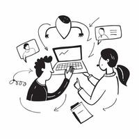 Business team collaborating on a customer engagement strategy concept as A illustration of a business team collaborating on a customer engagement strategy using laptops and Dynamic Set 2 vector