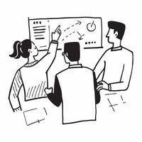 Business team analyzing data in a meeting room concept as A illustration of a business team analyzing data in a meeting room using a 3 color scheme to highlight analytical t Dynamic vector