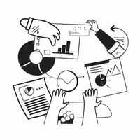 Business partners working on a project concept as A illustration of business partners working on a project together using charts and graphs with an 8 color palette to highli Dynamic vector
