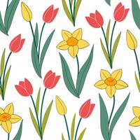 Bright and colorful spring garden seamless pattern with daffodils and tulips for lively garden spaces concept as A lively garden full of daffodils and tulips arranged in a seamless Dynamic vector