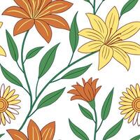 Bright and bold spring flower seamless pattern with lilies and sunflowers for energetic rooms concept as Bold and vibrant spring flowers like lilies and sunflowers arranged seamles Dynamic vector