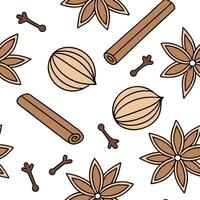 Autumn spices seamless tile pattern with cinnamon sticks nutmeg and cloves in warm tones concept as Cinnamon sticks nutmeg and cloves in warm tones create an autumn spices seamless Dynamic vector