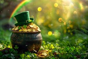 A green shamrock hat sits on top of a gold coin. The scene is set in a lush green field, with a rainbow in the background. Concept of joy and celebration, as the shamrock hat photo