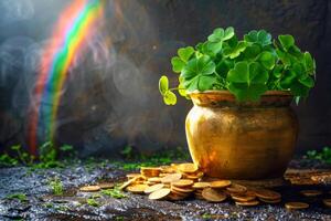 A shiny green pot filled with clovers and gold coins sits on a dark surface, with a rainbow in the background. The pot is the center of attention, and the coins are scattered around it. Patrick's Day photo