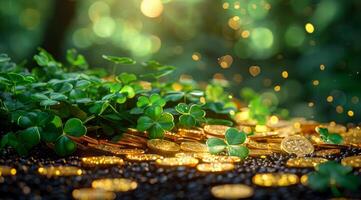 A bunch of gold coins are falling from the sky, creating a sense of excitement and abundance. The green background adds a touch of freshness and vitality to the scene photo