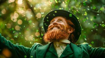 A man with a green hat and beard is smiling and throwing confetti. The scene is lively and joyful, with the man's expression and the confetti adding to the festive atmosphere. Leprechaun Patrick's Day photo