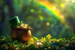 A green shamrock hat sits on top of a gold coinand pot. The scene is set in a lush green field, with a rainbow in the background. Concept of joy and celebration, as the shamrock hat photo