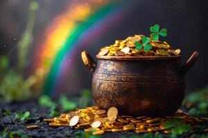 A shiny green pot filled with gold coins, clovers sits on a dark surface, with a rainbow in the background. The pot is the center of attention, and the coins are scattered around it. Patrick's Day photo