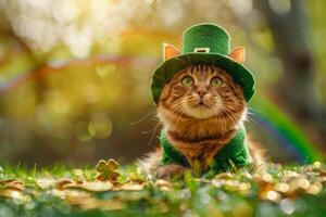A cat wearing a green hat and laying on a green lawn with gold coins scattered around it. Scene is playful and festive, as the cat is dressed up like a leprechaun and surrounded by gold coins photo