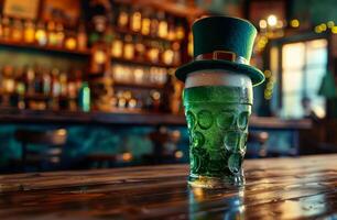 A green beer glass with a shamrock hat on top of it. The image has a festive and celebratory mood, as it is likely being served at a St. Patrick's Day celebration photo