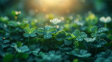 A green leafy field with a single green leaf that looks like a clover. The field is full of green leaves and the clover leaf stands out as the only one photo