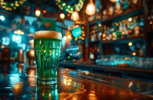 A green beer glass sits on a bar counter. The bar is dimly lit and has a festive atmosphere. Patrick's Day beverage pub. Cold pint of ale. Golden pub background. photo