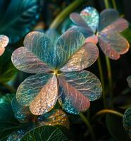 A close up of a leafy green clover plant with a sprinkling of glitter on it. The glitter adds a touch of sparkle and magic to the image, making it look like a fairy tale or a dreamy, whimsical scene photo