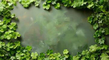 A green leafy border surrounds a green background with four green clovers in the center. The border is made up of various green leaves, creating a lush and vibrant atmosphere photo