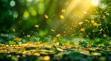 A bunch of gold coins are falling from the sky, a sense of excitement and abundance. The green background adds a touch of freshness and vitality to the scene photo