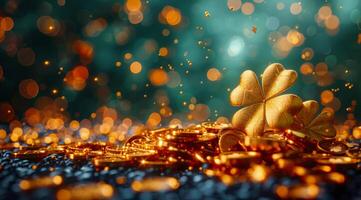 A pile of gold coins and a gold clover on top of them. The clover is surrounded by the coins, and the coins are scattered all over the image. Scene is one of abundance and prosperity photo