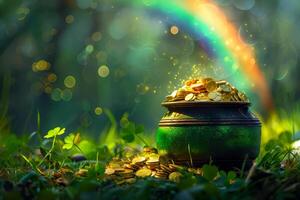 A shiny green pot filled with gold coins sits on a dark surface, with a rainbow in the background. The pot is the center of attention, and the coins are scattered around it. Patrick's Day photo