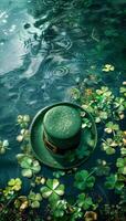 A green hat with a shamrock on it is sitting in a pond. The hat is surrounded by green leaves and the pond is filled with water. The scene has a peaceful and serene mood, as if the hat. Patrick's Day photo