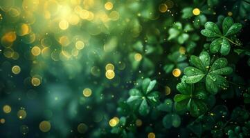 A lush green field with a bunch of clovers. The field is full of green grass and the clovers are scattered throughout the field. The image has a peaceful and serene mood. Patrick's Day photo