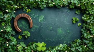 A green background with a clover leaf and a horseshoe. The clover leaf is surrounded by other clover leaves and the horseshoe is placed in the middle of the clover leaves. Patrick's day photo