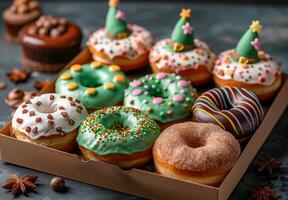 A box of assorted donuts with a green one in the middle and hats. The donuts are decorated with sprinkles and other toppings. Patrick's day sweet dessert. Glazed Pastry delicious photo