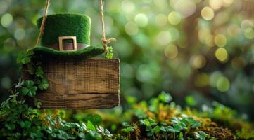 A green shamrock hat is hanging a tree branch. A sign is attached to the hat, and it reads Happy St. Patrick's Day. The image conveys a festive and celebratory mood photo