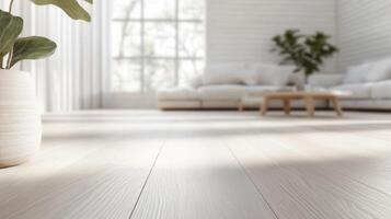 Sunlit minimalist living room with light wood floors and a comfy sofa. photo