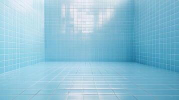 Empty room with light blue tiled walls and floor. Minimalist design. photo