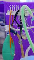 Closer look at the lung ventilation apparatuses with its components. Advanced equipment necessary for present day surgeries. Vertical video