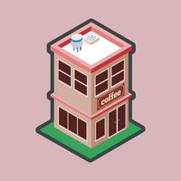 isometric two floor coffee shop building with outline flat design. vector