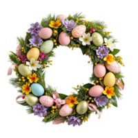 A vibrant wreath of flowers and Easter eggs on a transparent background png