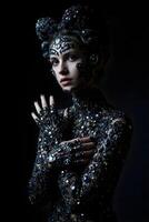 abstract artist, made of jewelry and jewels, instax, playful performance art, atmospheric installations, black color palette photo