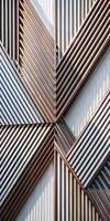 Geometric pattern of wooden slats arranged in a zigzag design, creating a modern architectural detail photo