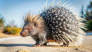 A porcupine with a mix of brown and gray fur, featuring long, sharp quills that are predominantly black with white tips photo