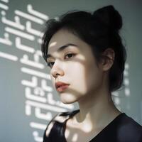 Young Asian woman with light skin and dark hair styled in a bun, facing slightly to the side. She has a neutral expression and is illuminated by soft light photo
