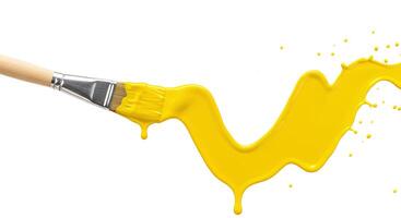 Paintbrush with yellow paint dripping isolated on white background Crisp image of a paintbrush dripping vibrant yellow paint on a clean white background perfect for art tutorials creative designs photo