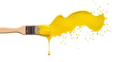 Yellow paint dripping from brush isolated on white background High-quality image of a paintbrush with bright yellow paint dripping onto a white background ideal for artistic campaigns DIY projects photo