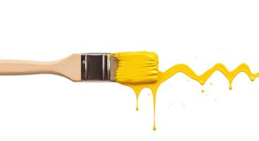 Paintbrush dripping yellow paint isolated on white background High-resolution image of a paintbrush dripping yellow paint on a white background perfect for DIY tutorials photo