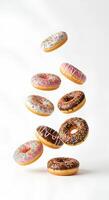 white background falling donuts food trends dessert images graphic design elements baking tools cafe decoration social media templates website themes cooking tutorials recipe apps design resources photo
