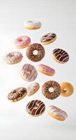 white background donuts falling food graphics dessert images graphic design elements baking tools cafe decoration social media templates website themes cooking tutorials recipe apps design resourced photo