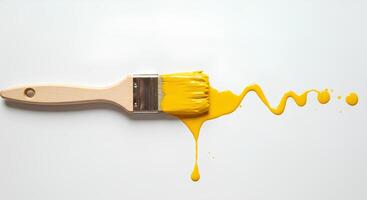 Paintbrush and yellow paint splatter isolated on white background Dynamic image of a paintbrush with bold yellow paint splatters on a white background great for art-related branding photo