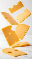 Falling cheese on white background. Various cheese pieces dropping from above, representing fresh dairy products photo