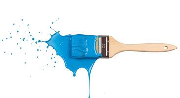 Top view of paintbrush dripping blue paint isolated on white background High-resolution top-view image of a paintbrush dripping blue paint on a white background perfect for DIY tutorials or designs photo