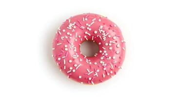 strawberry donut dessert top view pink frosting sprinkles isolated white background shadow tasty delicious food trends bakery designs graphic elements social media templates website themes cooking photo
