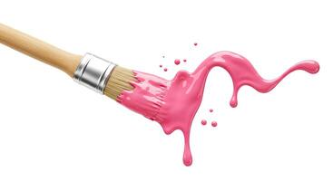 Dripping pink paint on brush isolated on white background Detailed image of a paintbrush dripping rich pink paint on a white background perfect for art tutorials or creative presentations photo