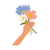 Isolated llustration bouquet of flowers in hand. design concept for Valentines Day and other use. vector