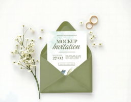 A wedding invitation mockup with a save the date for February 27th nestled in a sage green envelope adorned with delicate white flowers and gold rings psd