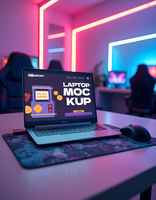 A laptop displaying a game loading screen sits on a desk in a vibrant neon lit gaming room psd