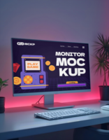 A computer monitor displays a game loading screen with vibrant graphics and the text Monitor Mockup psd